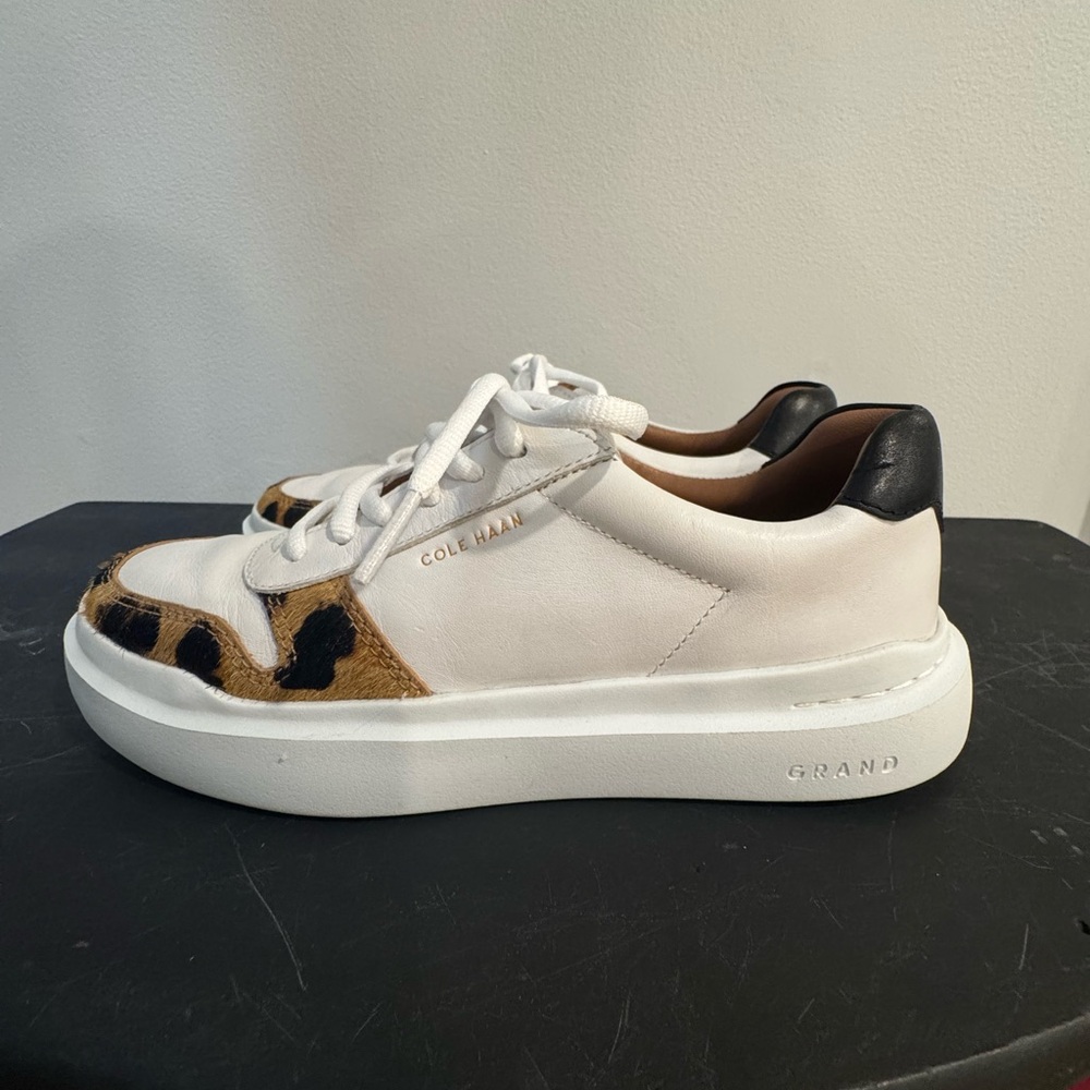 Cole Haan White Sneakers with Tan and Black Leopard Accents - Picture 3 of 12